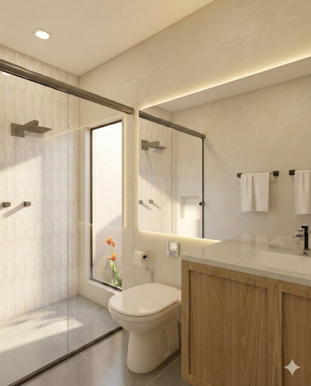Banheiro com marcenaria de madeira e box amplo, projeto de interiores por Alice Rizzo