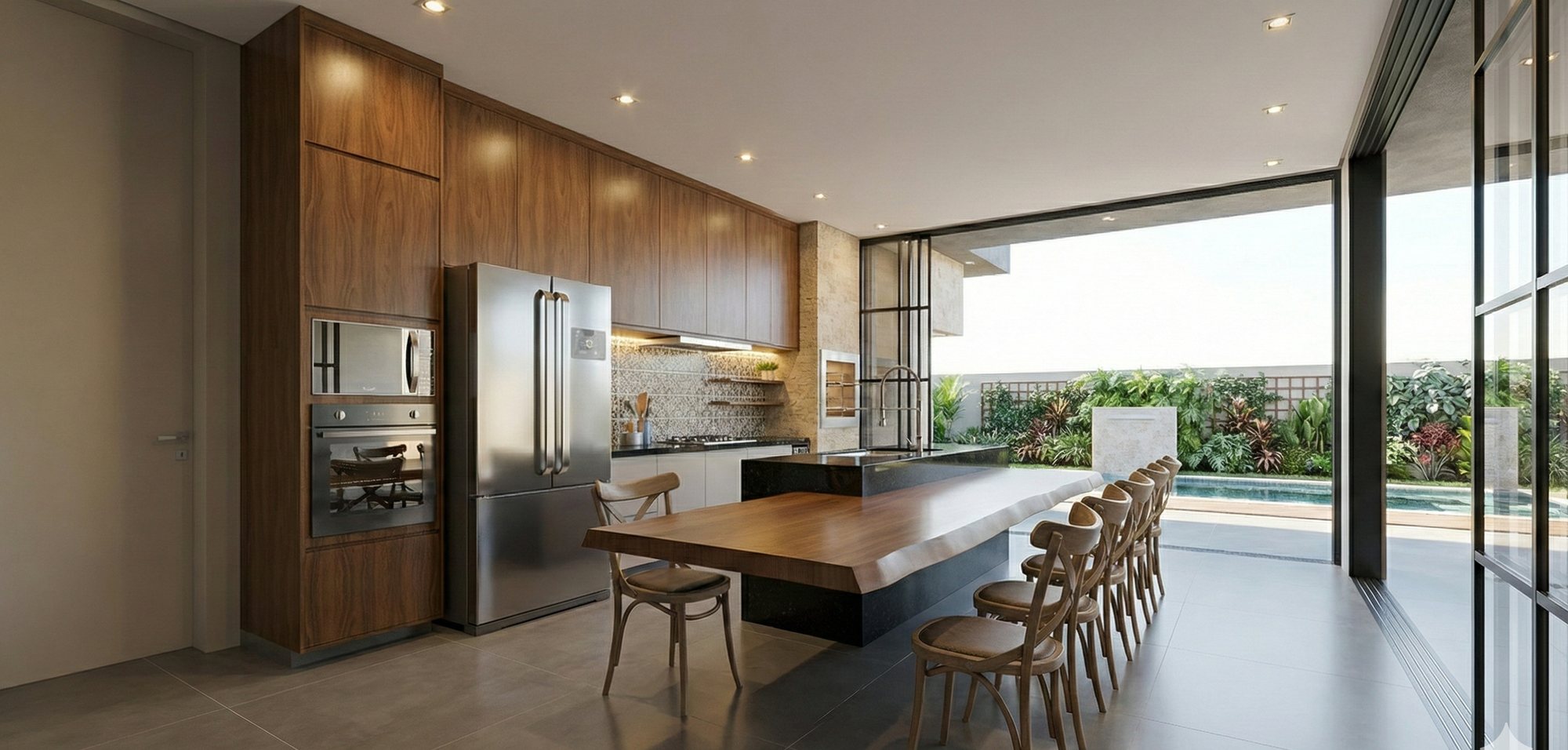 Projeto de interiores em Uberlândia — cozinha integrada com ilha de madeira e área gourmet com vista para piscina, por Alice Rizzo