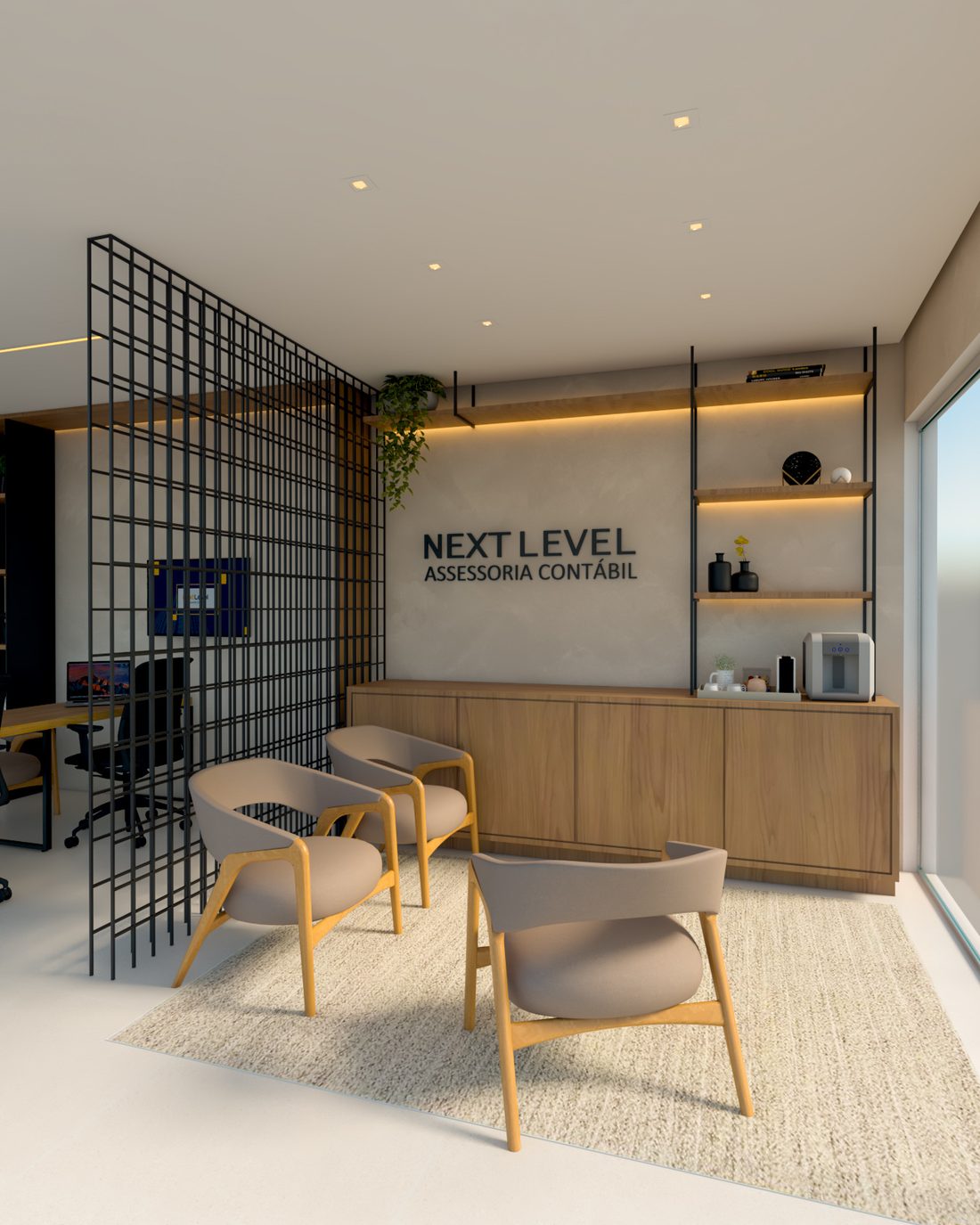 Projeto de interiores corporativo e comercial em Uberlândia — escritório com recepção e marcenaria planejada