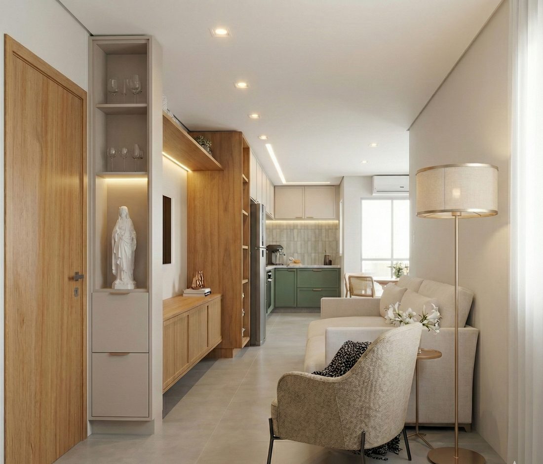 Projeto de interiores residencial em Uberlândia — sala e cozinha integradas com marcenaria sob medida